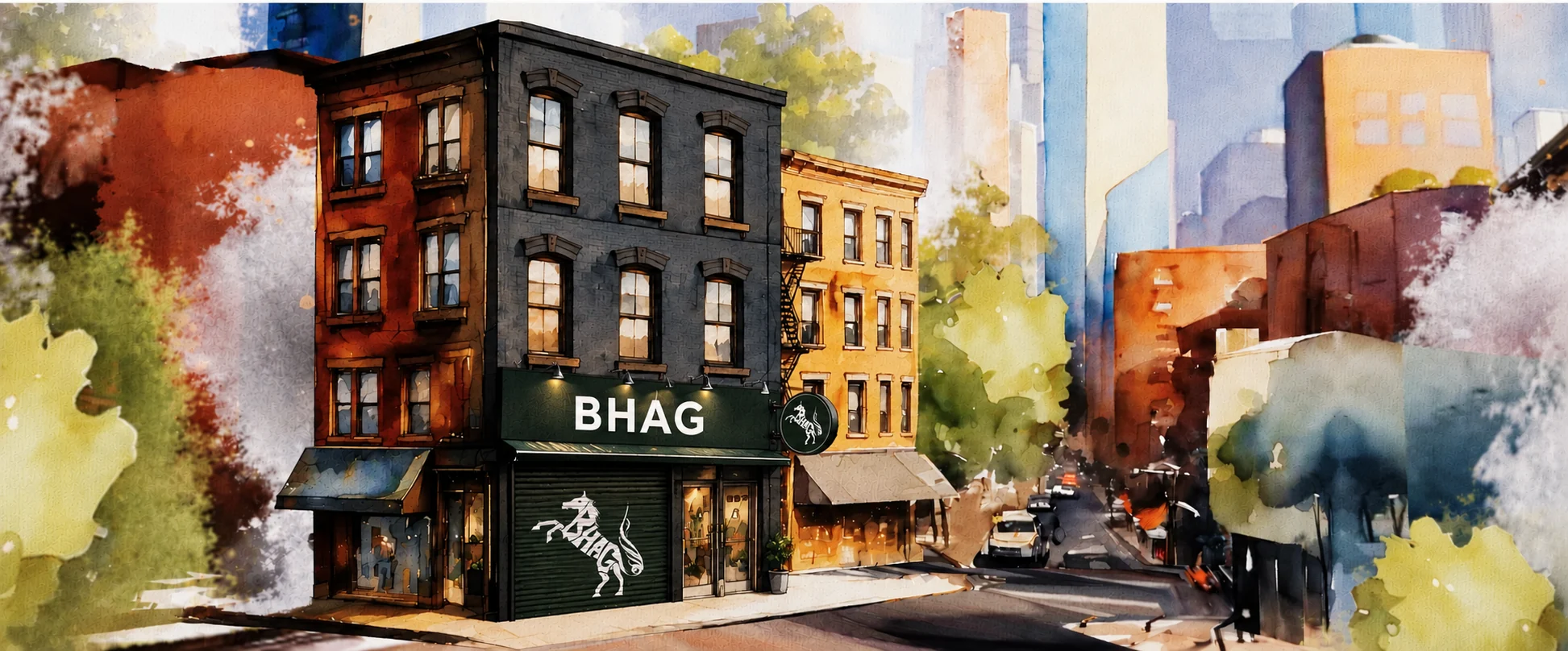 The BHAG flagship on its corner — shutter down, sign lit, the street going past