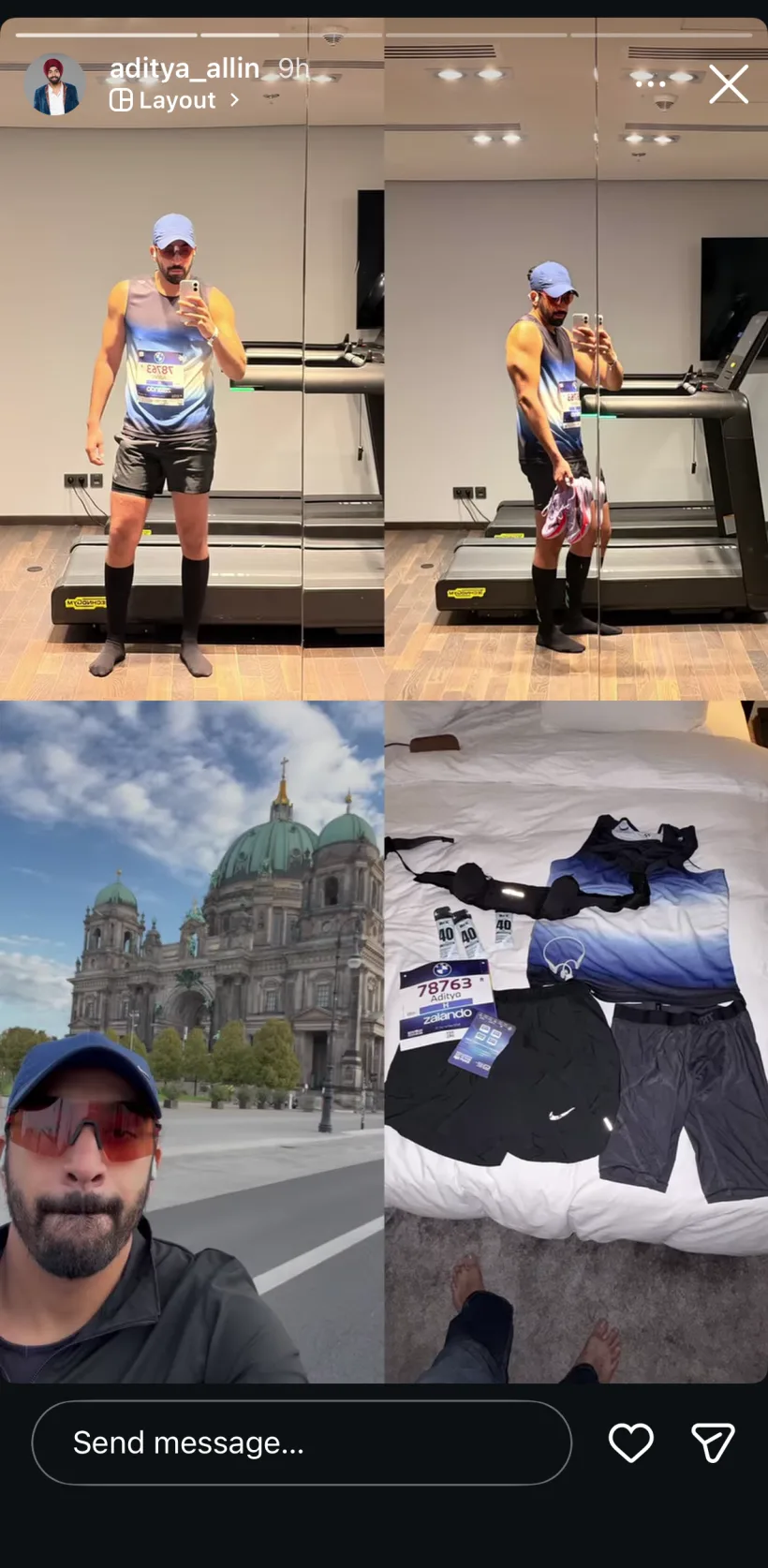 A member's Instagram Story: marathon-day mirror selfies, a shot of the Berliner Dom, and race-day kit laid out on the bed