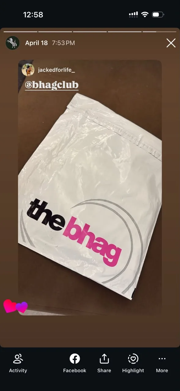 A member's Story of a white 'the bhag' delivery bag, tagged @bhagclub