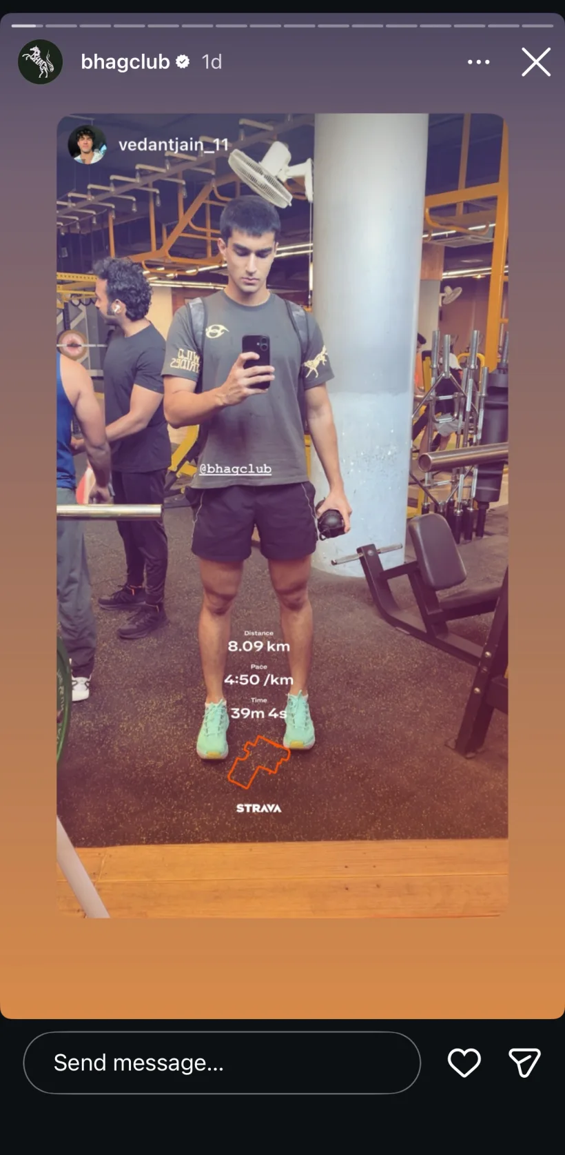 @bhagclub's Story reposting a member's mirror selfie in the Wild Strides Tee, tagged @bhagclub, with a Strava card for an 8.09km gym run
