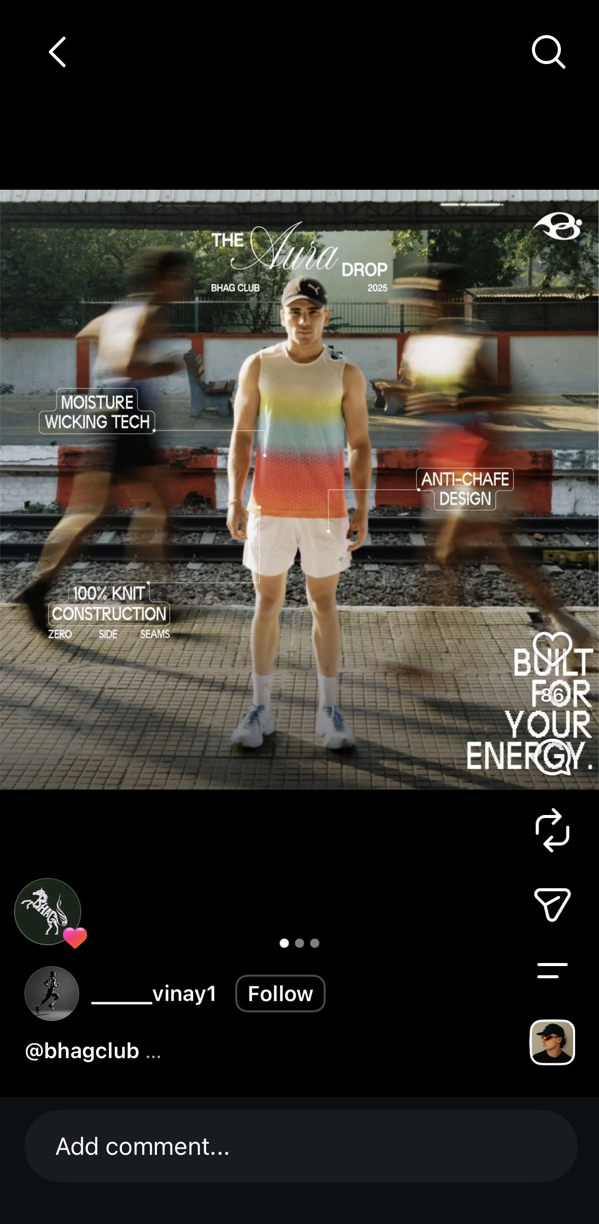 @_____vinay1's Instagram post tagged @bhagclub: The Aura Drop campaign shot, a member in the Dark Aura Vest and shorts on a railway platform with runners blurred past him