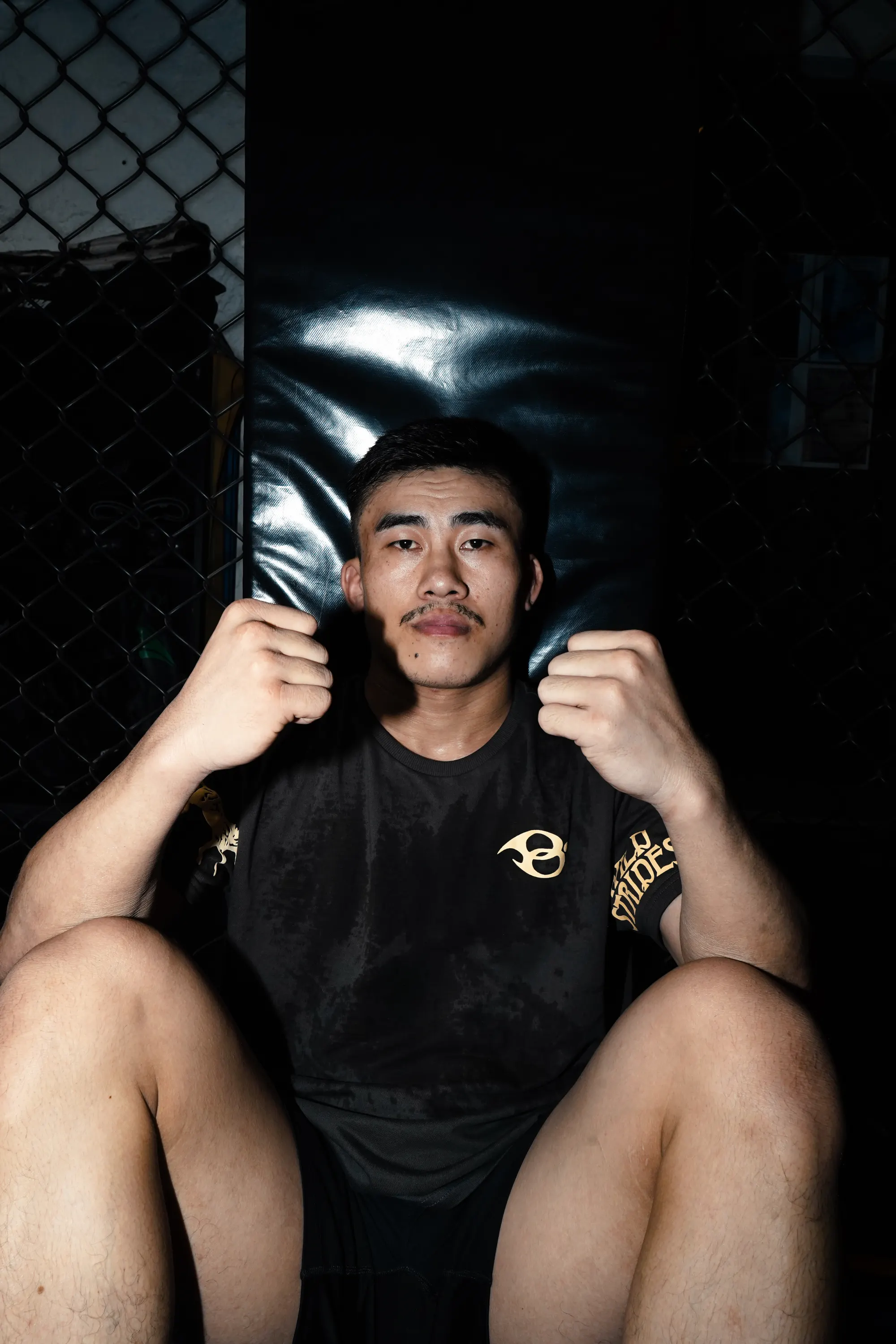 Wild Strides Tee in Ash, the chest mark and sleeve print, seated
