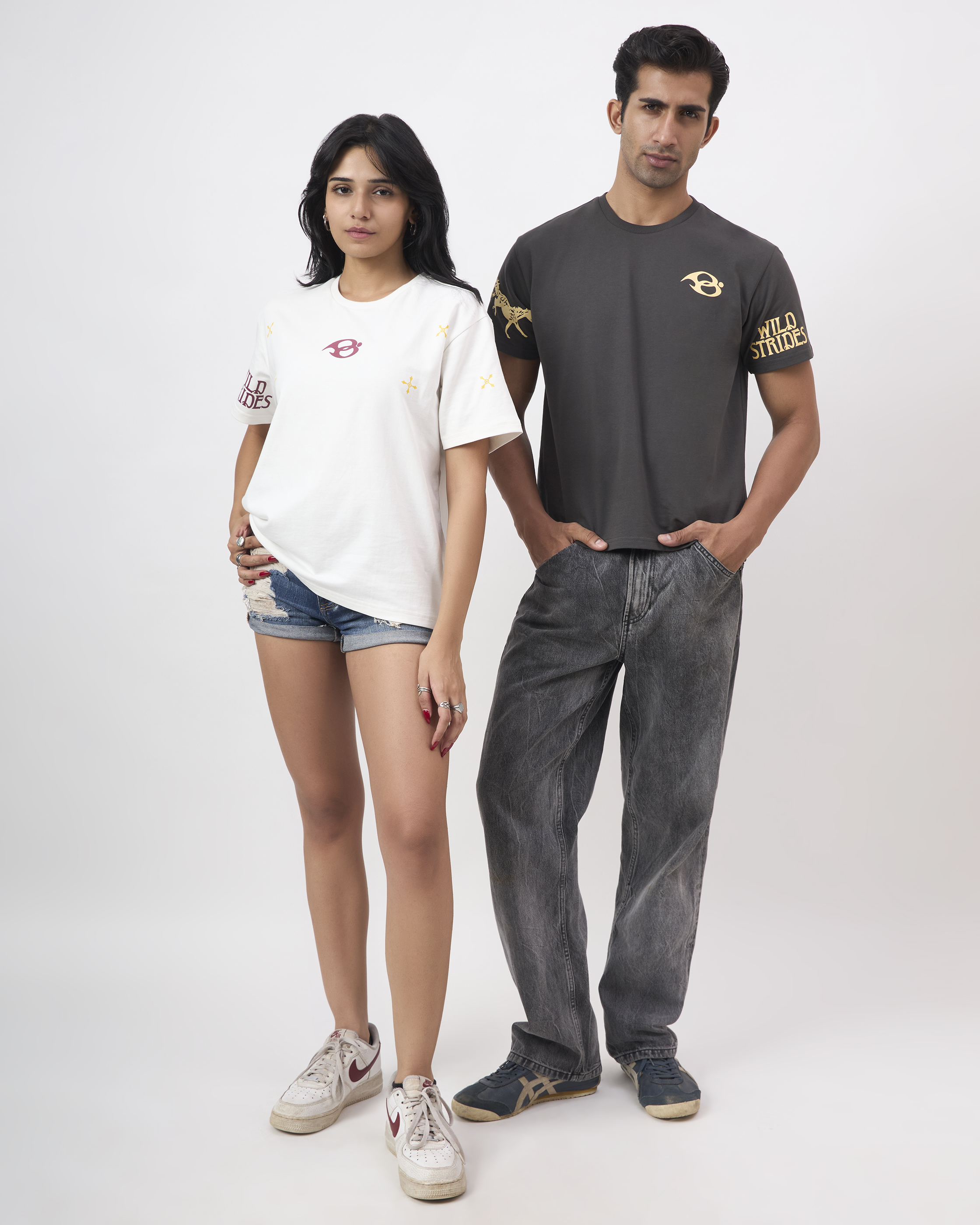Wild Strides Tee in Ivory and Ash, worn together