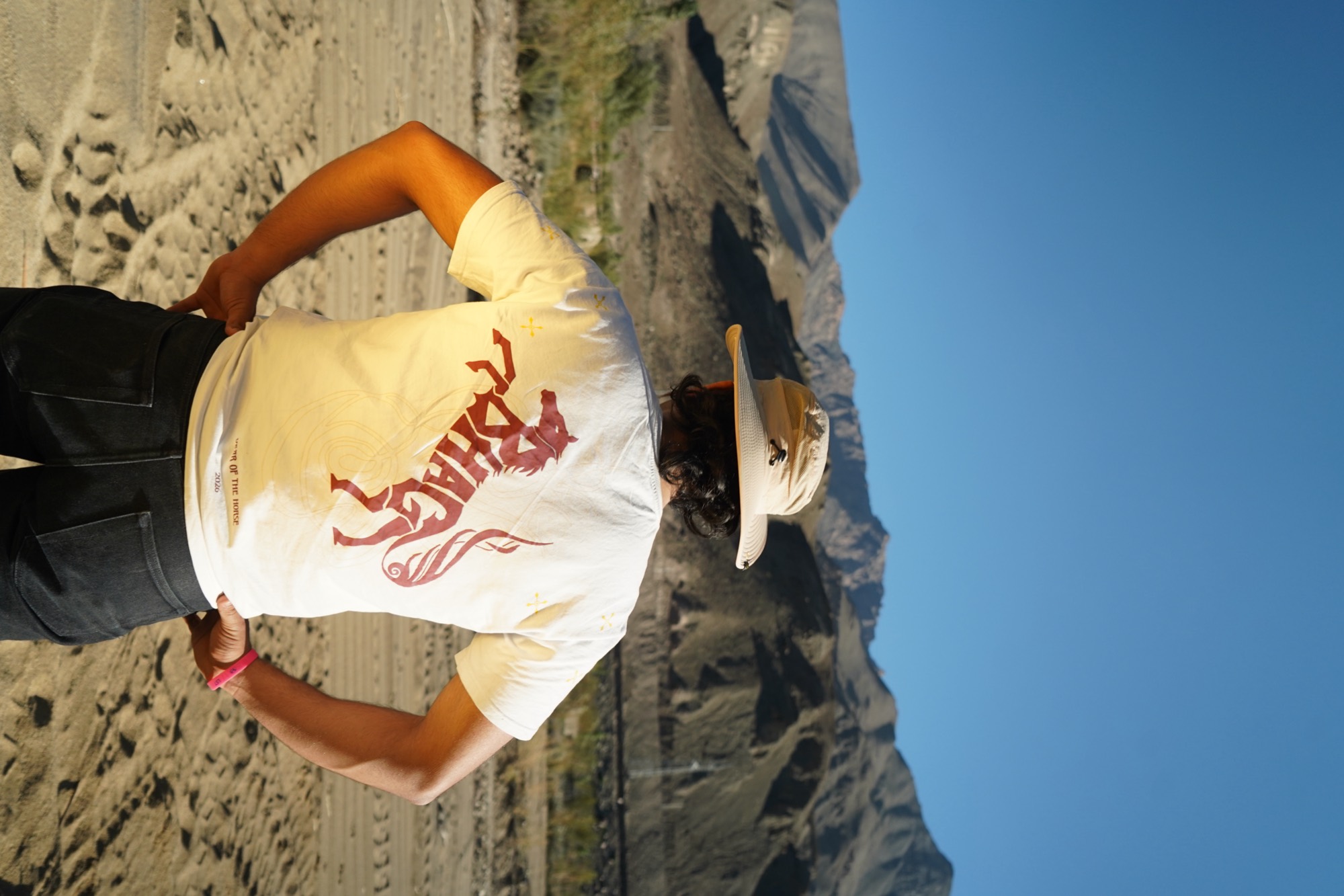 Wild Strides Tee in Ivory, worn - the rearing horse back print