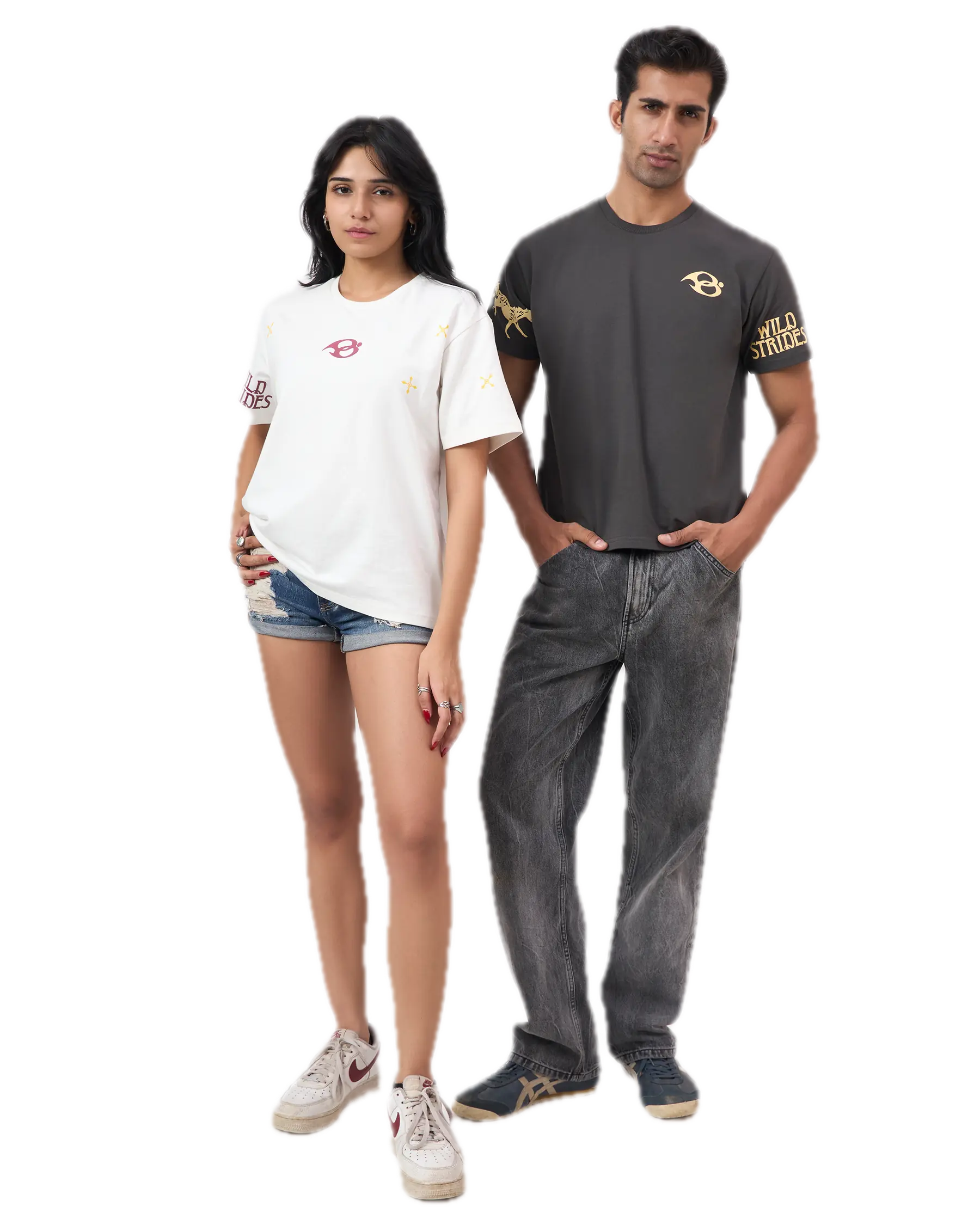 The Wild Strides Tee in Ivory and in Ash, worn side by side, cut out of the studio backdrop