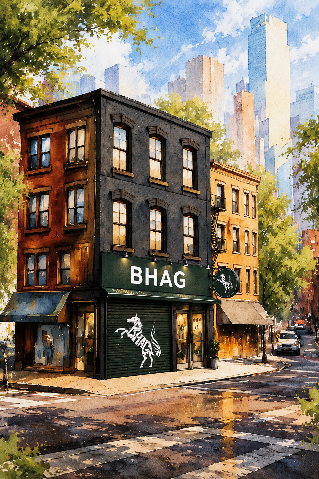 The BHAG flagship on its corner — shutter down, sign lit, the street going past