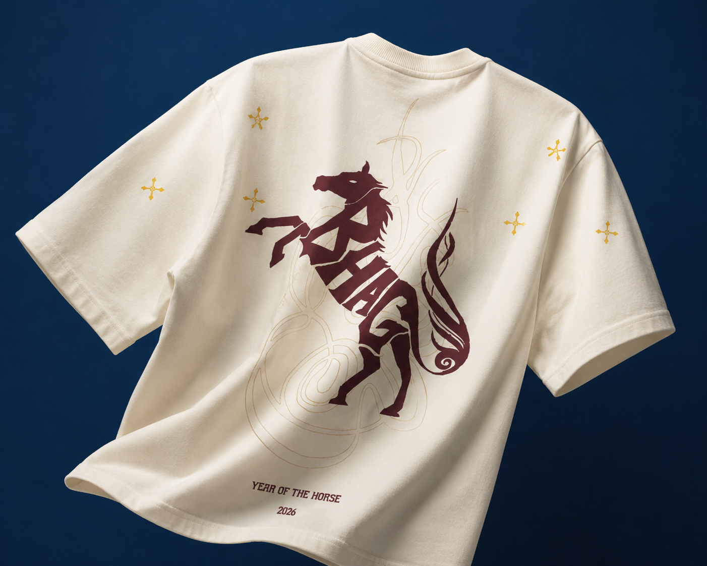 The भाग tee in Bone on the blue set - the rearing horse and Year of the Horse, 2026